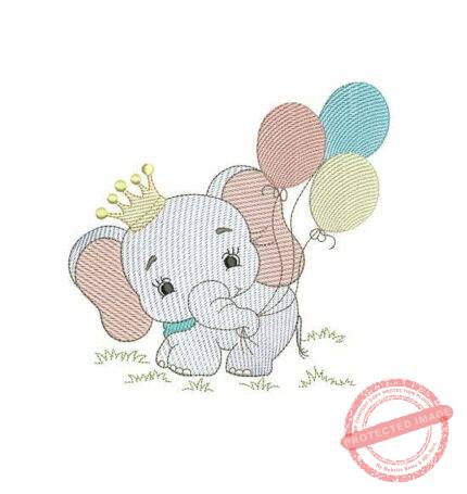 Matriz De Bordado Elefante Com Balões e coroa para bordar.