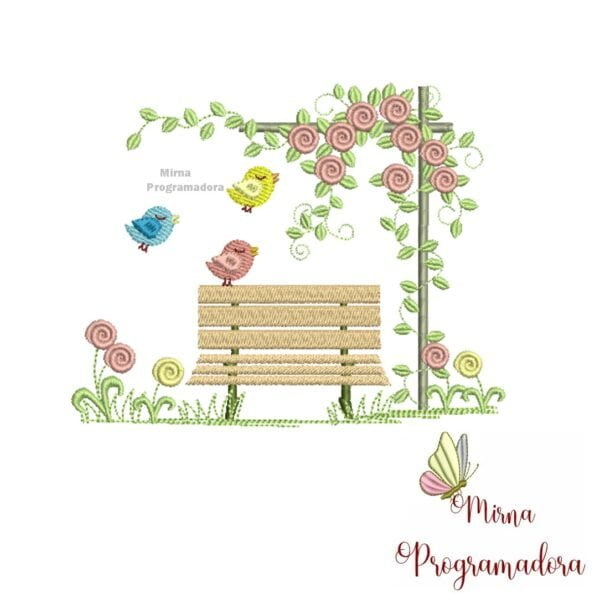 Matriz de Bordado - Jardim Passaros Banco