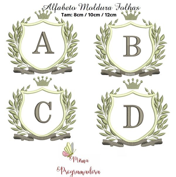 Matriz de Bordado Alfabeto Moldura folhas Coroa - Image 2