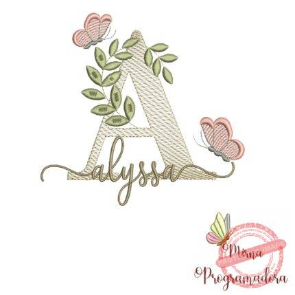 Matriz de Bordado Folhas Borboletas nome Alyssa