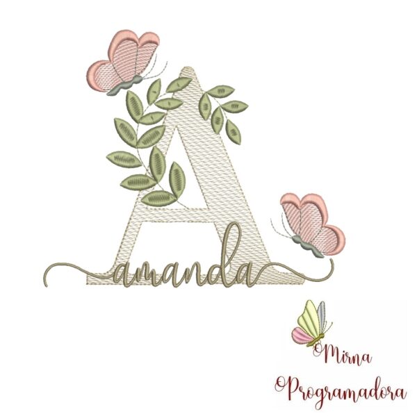 Matriz de Bordado Folhas Borboletas nome Amanda