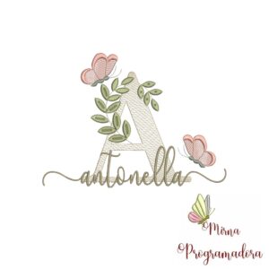 Matriz de Bordado Folhas Borboletas nome Antonella