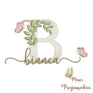 Matriz de Bordado Folhas Borboletas nome Bianca