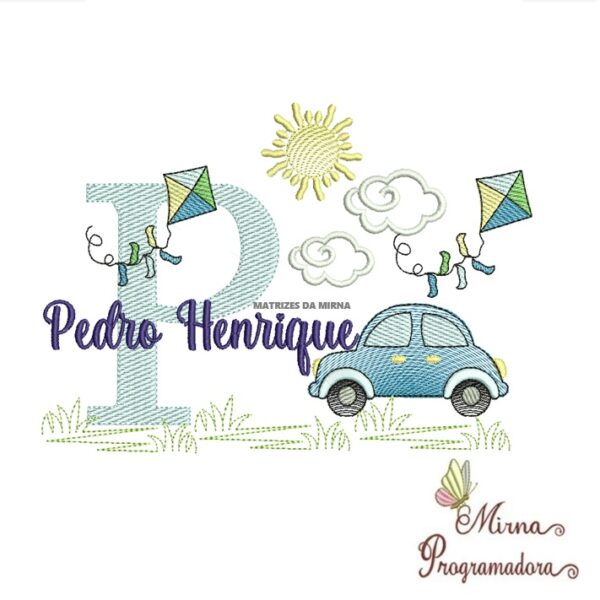 Matriz de Bordado Cenário Carro Nome Pedro Henrique