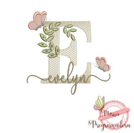 Matriz de Bordado Folhas Borboletas nome Evelyn
