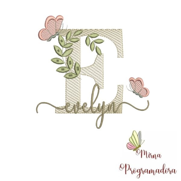 Matriz de Bordado Folhas Borboletas nome Evelyn