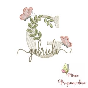 Matriz de Bordado Folhas Borboletas nome Gabriela