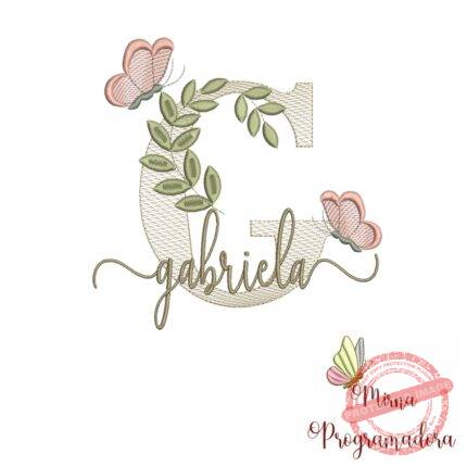 Matriz de Bordado Folhas Borboletas nome Gabriela