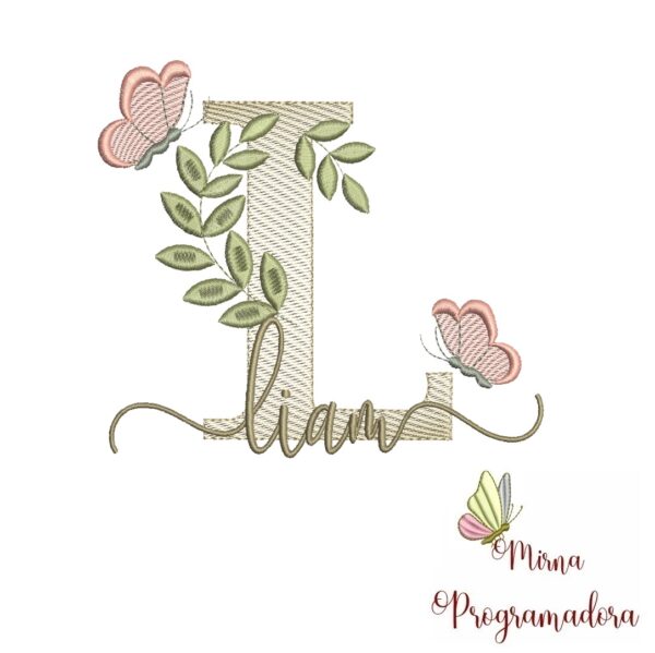 Matriz de Bordado Folhas Borboletas nome Liam