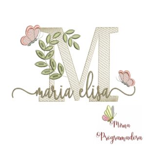 Matriz de Bordado Folhas Borboletas nome Maria Elisa