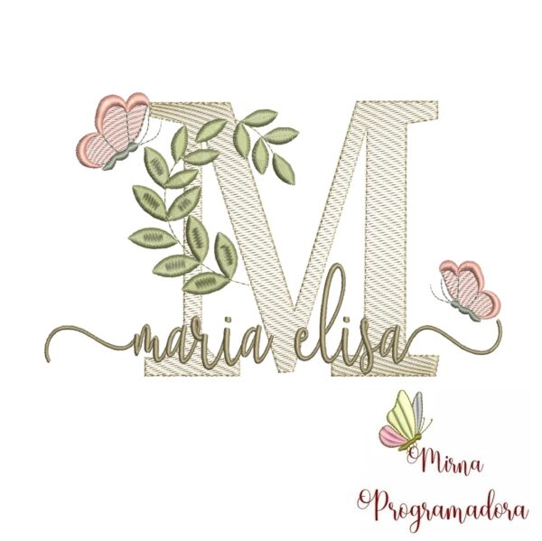 Matriz de Bordado Folhas Borboletas nome Maria Elisa