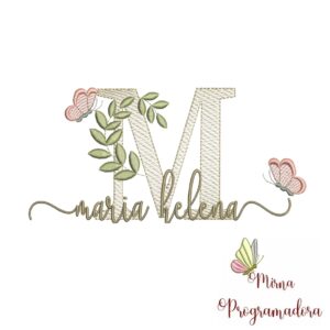 Matriz de Bordado Folhas Borboletas nome Maria Helena