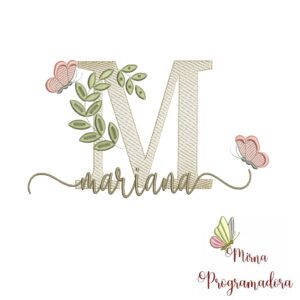 Matriz de Bordado Folhas Borboletas nome Mariana