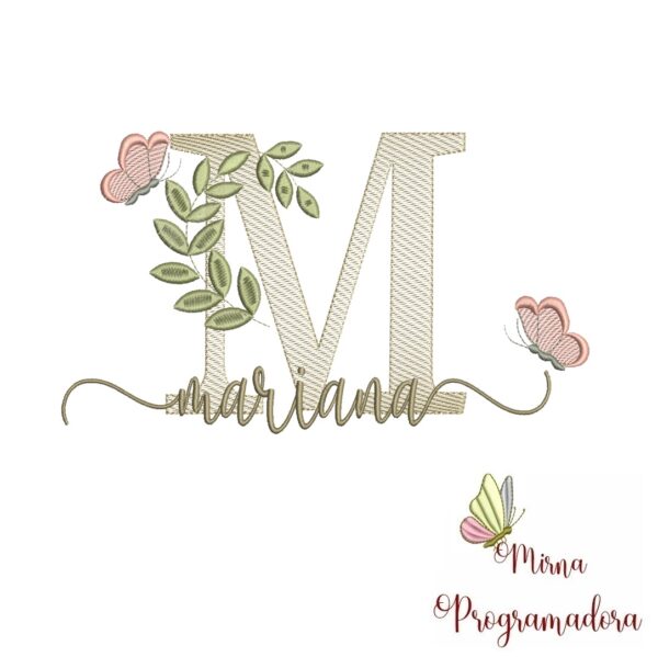 Matriz de Bordado Folhas Borboletas nome Mariana