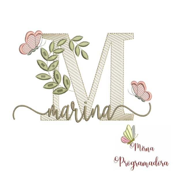 Matriz de Bordado Folhas Borboletas nome Marina