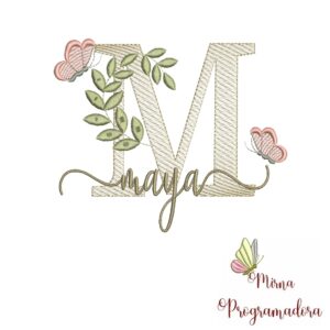 Matriz de Bordado Folhas Borboletas nome Maya