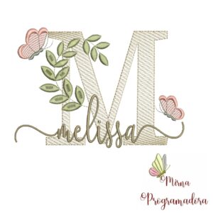 Matriz de Bordado Folhas Borboletas nome Melissa
