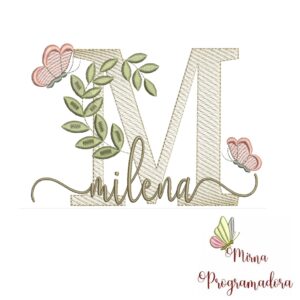 Matriz de Bordado Folhas Borboletas nome Milena