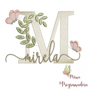 Matriz de Bordado Folhas Borboletas nome Mirela