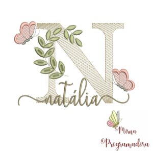 Matriz de Bordado Folhas Borboletas nome Natália