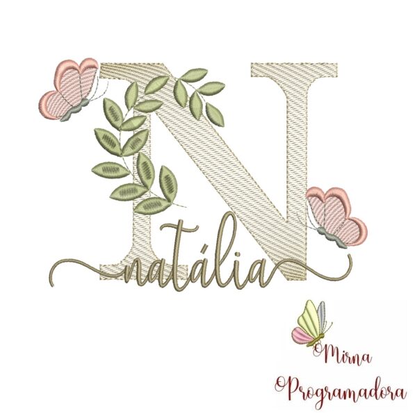 Matriz de Bordado Folhas Borboletas nome Natália