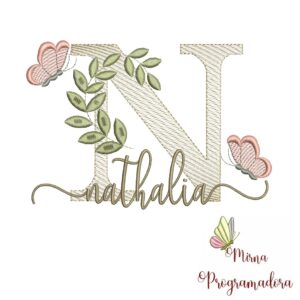 Matriz de Bordado Folhas Borboletas nome Nathalia