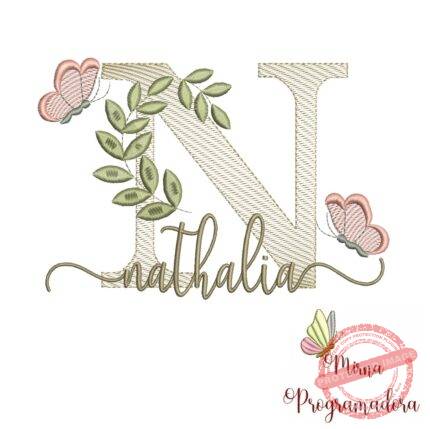 Matriz de Bordado Folhas Borboletas nome Nathalia