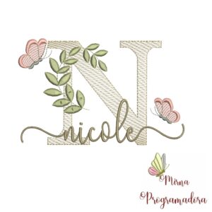 Matriz de Bordado Folhas Borboletas nome Nicole