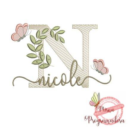 Matriz de Bordado Folhas Borboletas nome Nicole