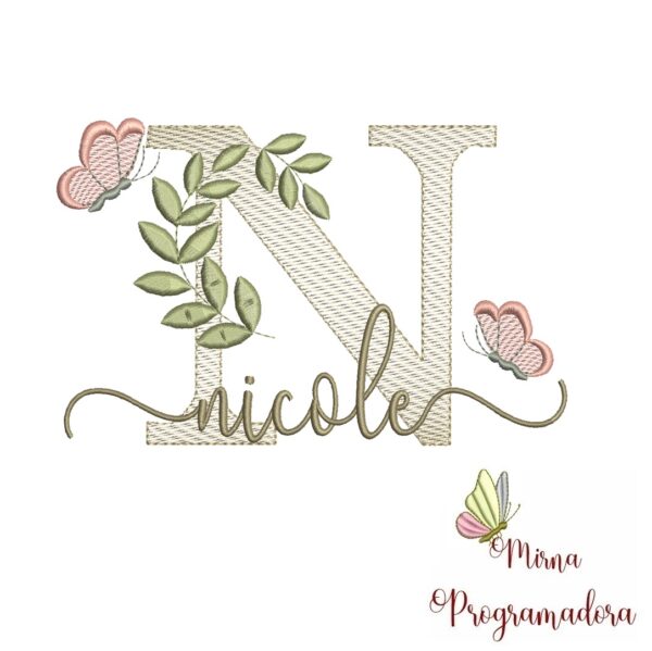 Matriz de Bordado Folhas Borboletas nome Nicole