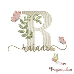 Matriz de Bordado Folhas Borboletas nome Raiane