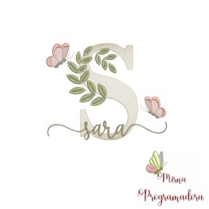 Matriz de Bordado Folhas Borboletas nome Sara