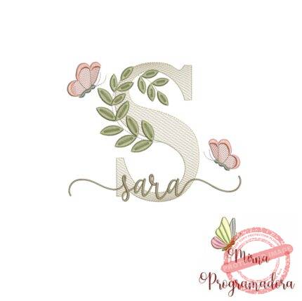 Matriz de Bordado Folhas Borboletas nome Sara