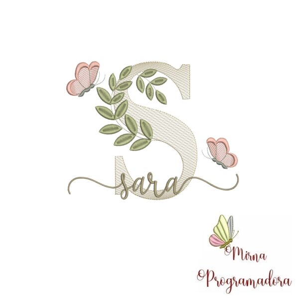 Matriz de Bordado Folhas Borboletas nome Sara