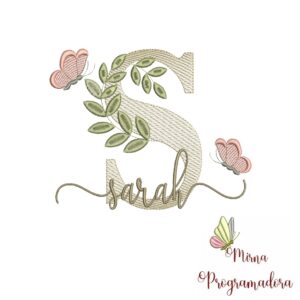 Matriz de Bordado Folhas Borboletas nome Sarah