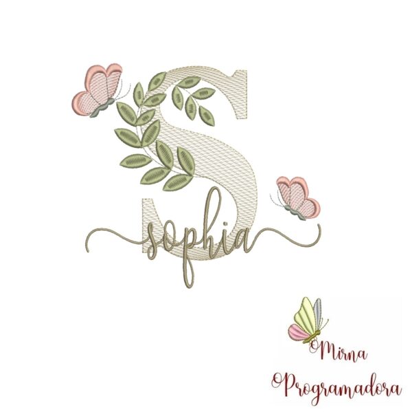 Matriz de Bordado Folhas Borboletas nome Sophia