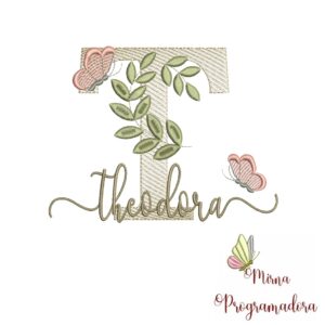 Matriz de Bordado Folhas Borboletas nome Theodora
