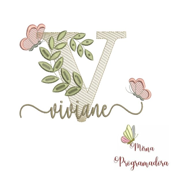 Matriz de Bordado Folhas Borboletas nome Viviane