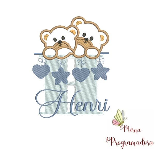 Matriz de Bordado - Ursinho Varal Nome Henri