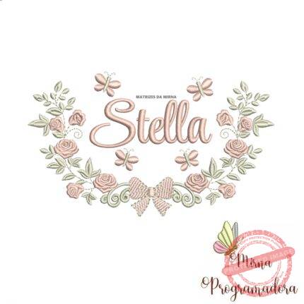 Matriz de Bordado Moldura Raminho Flores Nome Stella