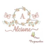 Matriz de Bordado Moldura Flores Borboleta Nome Alcione