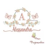 Matriz de Bordado Moldura Flores Borboleta Nome Alessandra