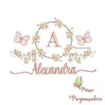 Matriz de Bordado Moldura Flores Borboleta Nome Alexandra