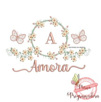 Matriz de Bordado Moldura Flores Borboleta Nome Amora