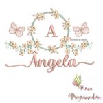 Matriz de Bordado Moldura Flores Borboleta Nome Ângela