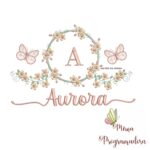 Matriz de Bordado Moldura Flores Borboleta Nome Aurora