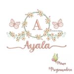 Matriz de Bordado Moldura Flores Borboleta Nome Ayala