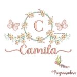 Matriz de Bordado Moldura Flores Borboleta Nome Camila