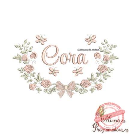 Matriz de Bordado Moldura Raminho Flores Nome Cora