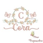 Matriz de Bordado Moldura Flores Borboleta Nome Cora